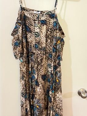 NWOT Boho Floral Cold-Shoulder Maxi Dress in Taupe and Teal